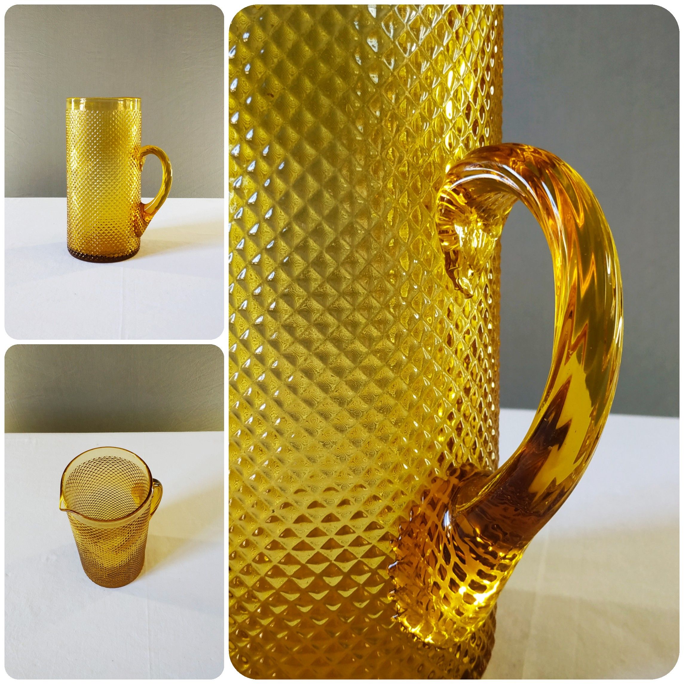 Carafe à eau , pichet en verre pressé moulé ambré Vintage COUP DE